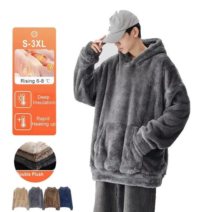 Winter Men'S Fleece Hooded Sweatshirt Fashion Solid Color Teddy Bear Plush Soft Warm Long Sleeve Pocket Pullover Sweater S-3XL