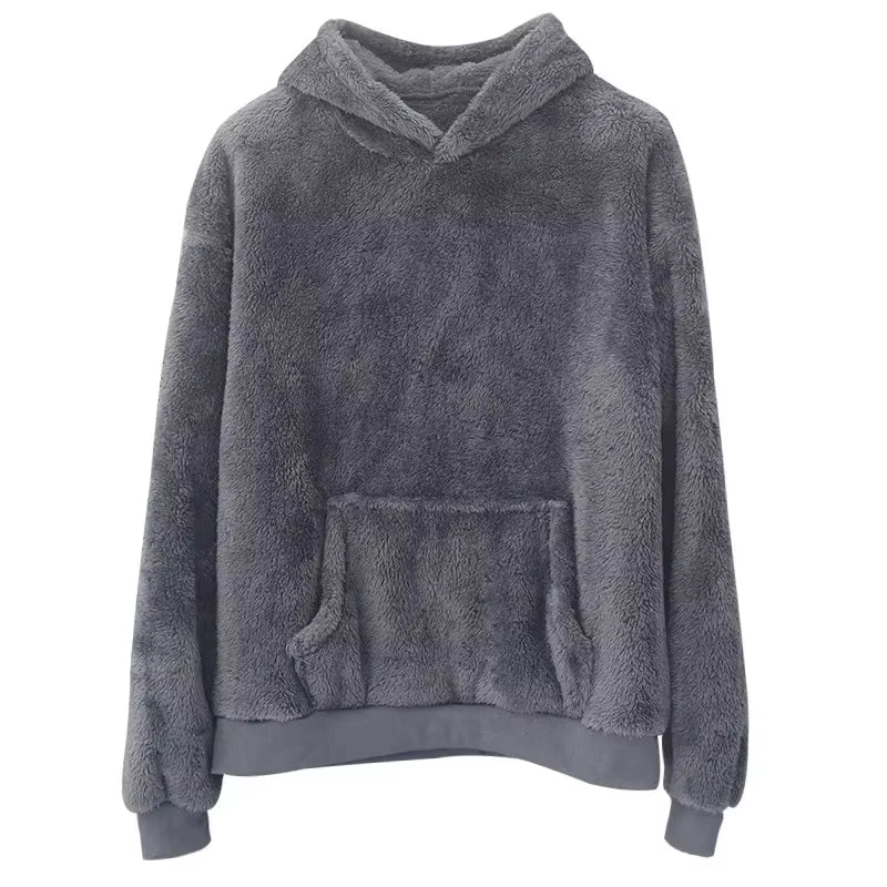 Winter Men'S Fleece Hooded Sweatshirt Fashion Solid Color Teddy Bear Plush Soft Warm Long Sleeve Pocket Pullover Sweater S-3XL